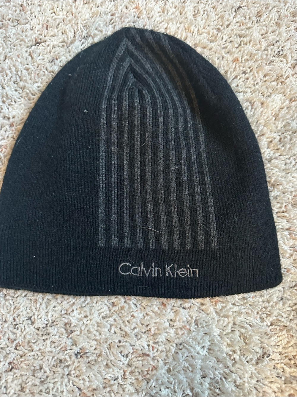 Calvin Klein Black Beanie with Gray Stripe Accents